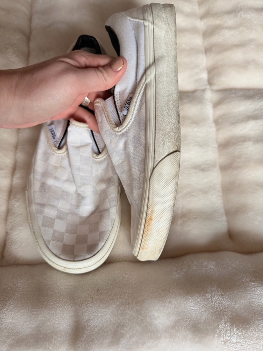 Custom designed Vans White Checkerboard Slip-On Sneakers